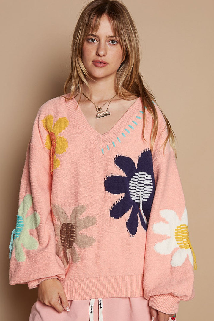 POL V-Neck Long Sleeve Flower Fringe Sweater Trendsi