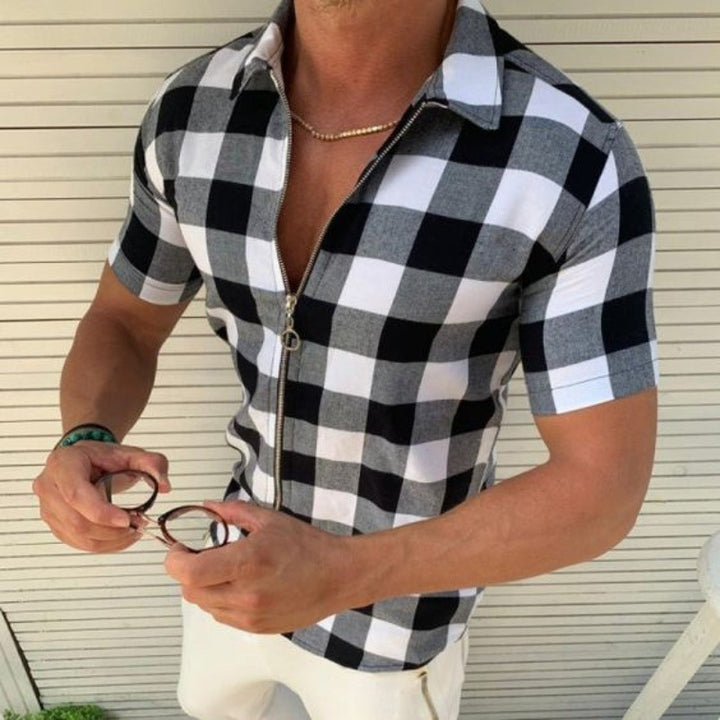 Plaid T Shirt Mens Zipper Short Sleeve Shirts Summer Men Clothing Q2