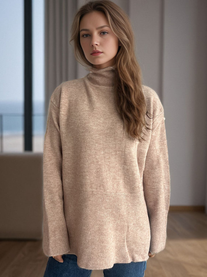 Side Slit Turtleneck Long Sleeve Sweater Trendsi