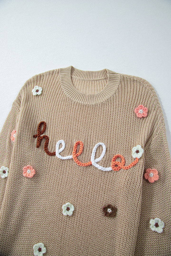 HELLO Flower Round Neck Long Sleeve Sweater Trendsi