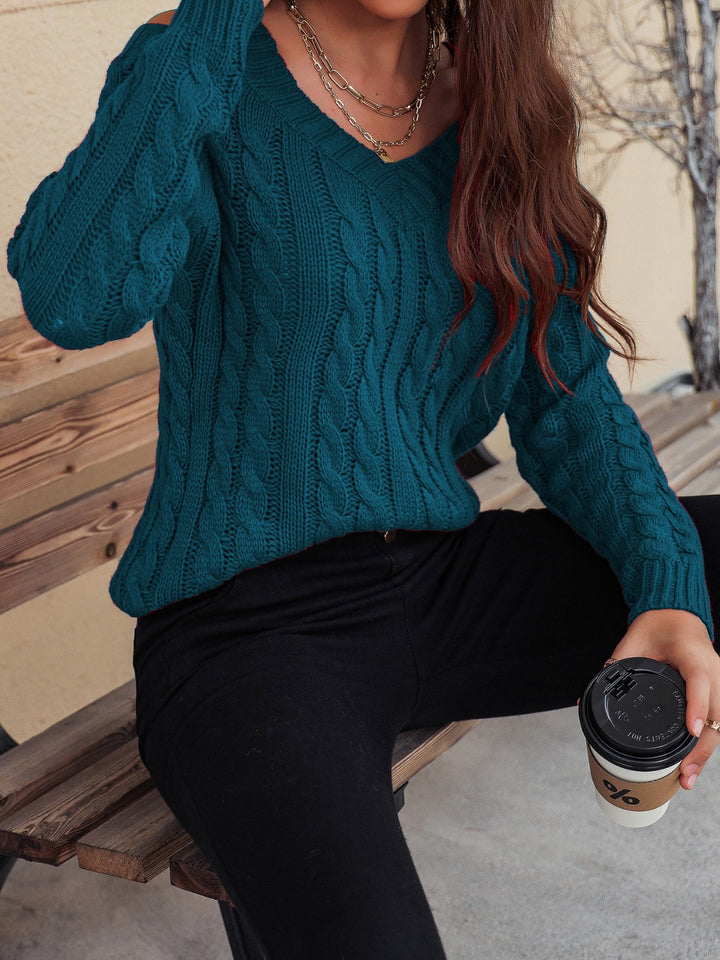 Honey Cable-Knit V-Neck Cold Shoulder Sweater Trendsi