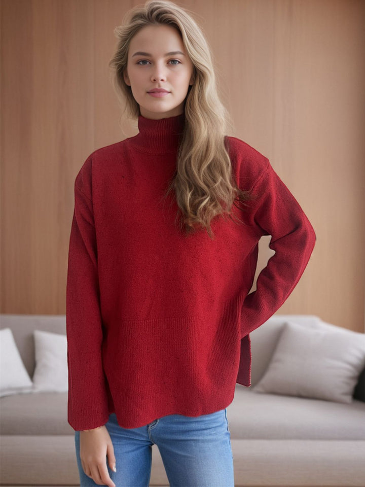 Side Slit Turtleneck Long Sleeve Sweater Trendsi