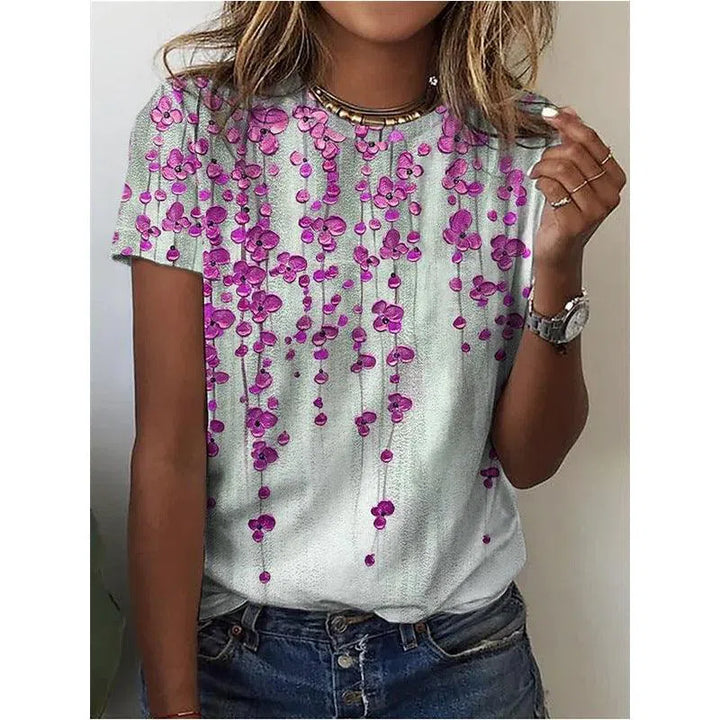 Floral Digital Printed Round Neck Short Sleeve T-shirt - Super Amazing Store