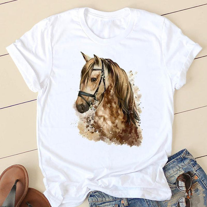 Horse Head Riding Simple Pattern Round Neck Printed White T-shirt - Super Amazing Store