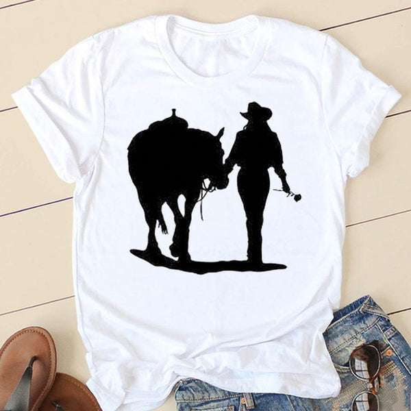 Horse Head Riding Simple Pattern Round Neck Printed White T-shirt - Super Amazing Store