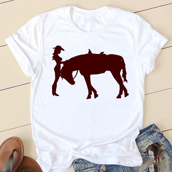 Horse Head Riding Simple Pattern Round Neck Printed White T-shirt - Super Amazing Store