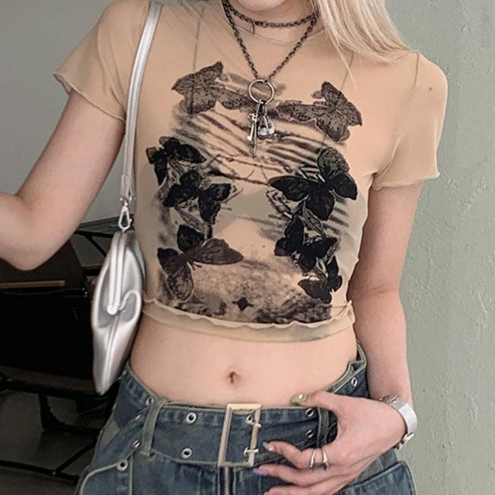 Hot Girl Wind Dark Butterfly Print Light Mesh T-shirt Round Neck Positive Shoulder Thin Wooden Ear Edge Short Paragraph Tops - Super Amazing Store