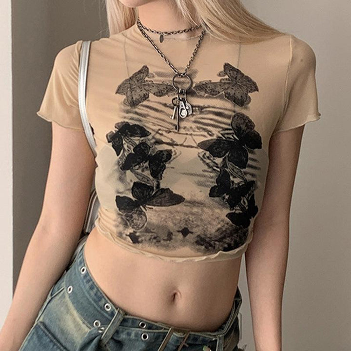 Hot Girl Wind Dark Butterfly Print Light Mesh T-shirt Round Neck Positive Shoulder Thin Wooden Ear Edge Short Paragraph Tops - Super Amazing Store