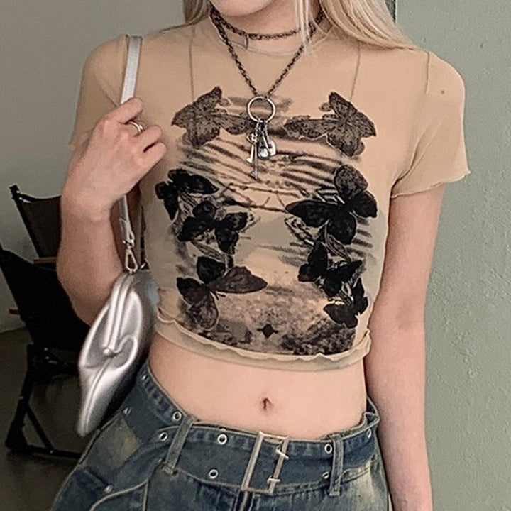 Hot Girl Wind Dark Butterfly Print Light Mesh T-shirt Round Neck Positive Shoulder Thin Wooden Ear Edge Short Paragraph Tops - Super Amazing Store