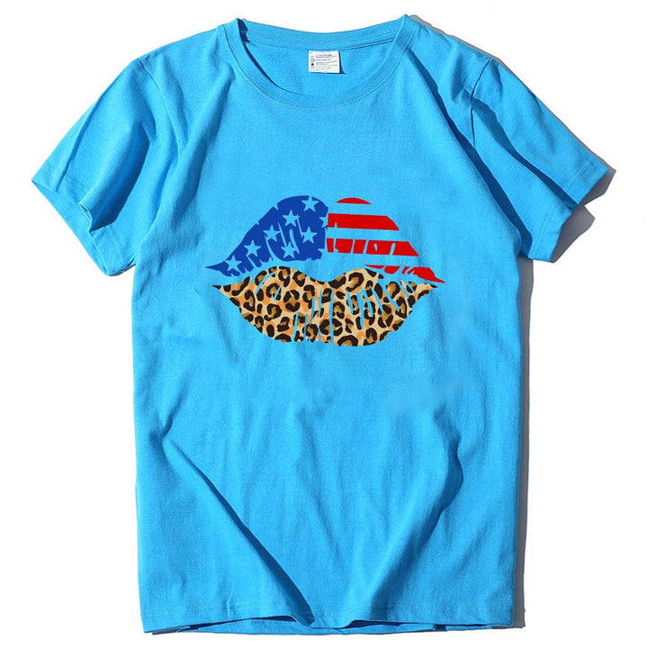 Independence Day Loose Plus Size Flag Printed Lips Women T-shirt - Super Amazing Store