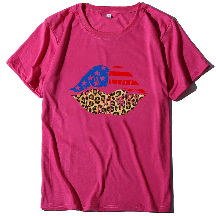 Independence Day Loose Plus Size Flag Printed Lips Women T-shirt - Super Amazing Store