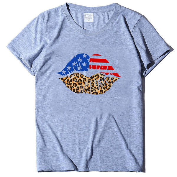 Independence Day Loose Plus Size Flag Printed Lips Women T-shirt - Super Amazing Store