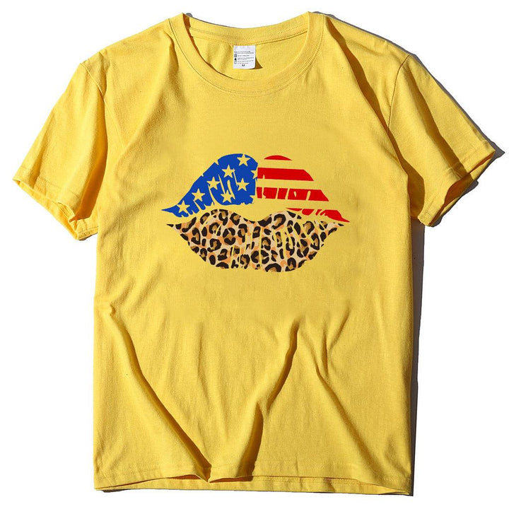 Independence Day Loose Plus Size Flag Printed Lips Women T-shirt - Super Amazing Store