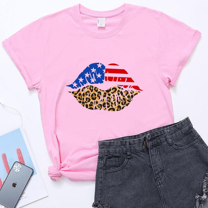 Independence Day Loose Plus Size Flag Printed Lips Women T-shirt - Super Amazing Store