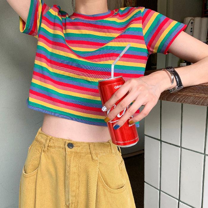 Loose Rainbow Stripes Short Sleeve T-shirt Top - Super Amazing Store