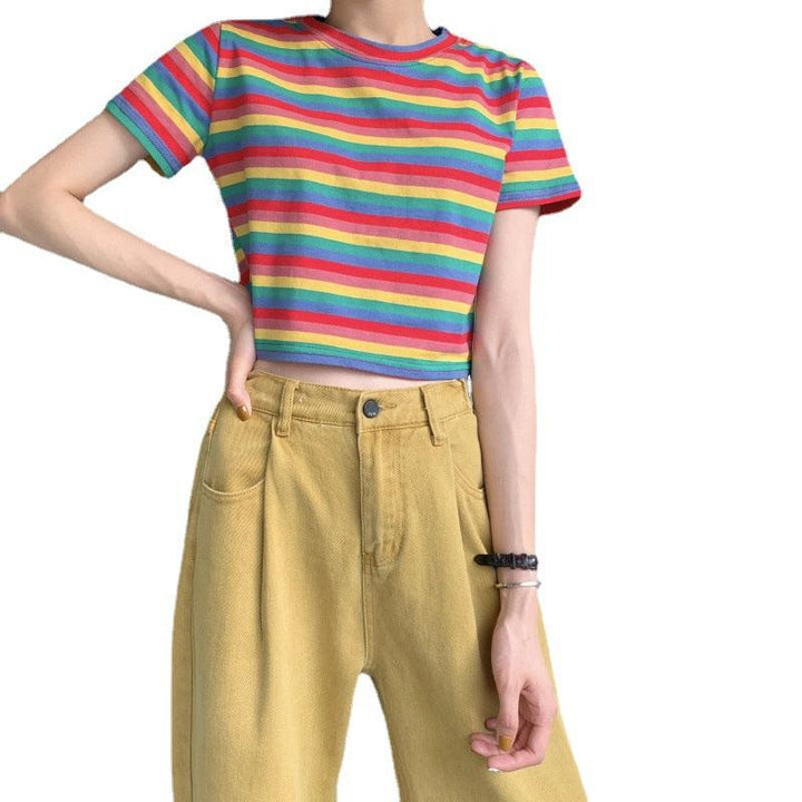 Loose Rainbow Stripes Short Sleeve T-shirt Top - Super Amazing Store