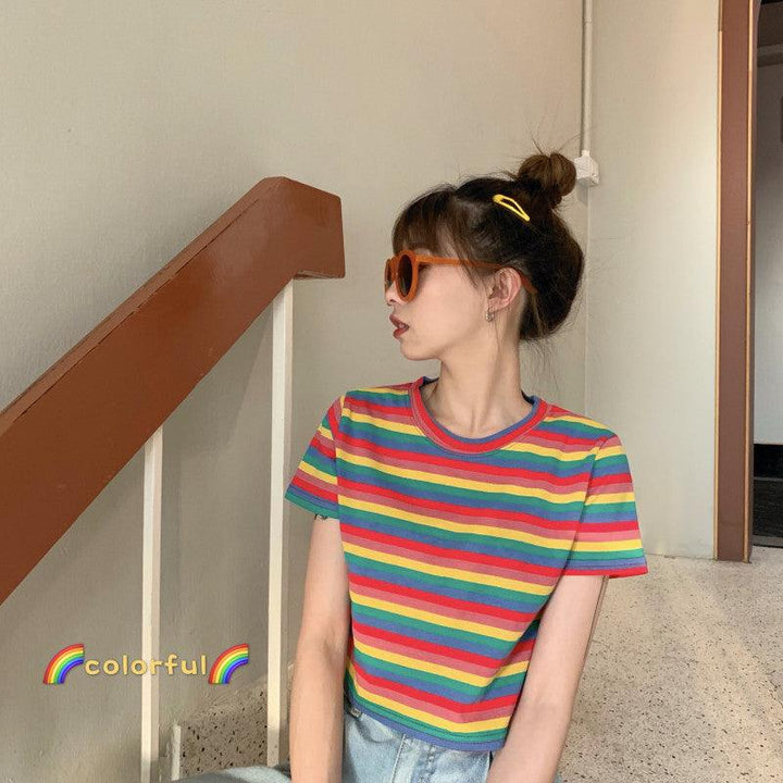 Loose Rainbow Stripes Short Sleeve T-shirt Top - Super Amazing Store