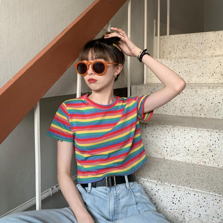 Loose Rainbow Stripes Short Sleeve T-shirt Top - Super Amazing Store