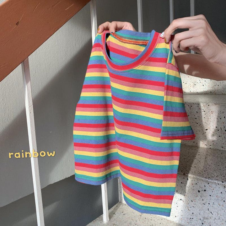 Loose Rainbow Stripes Short Sleeve T-shirt Top - Super Amazing Store