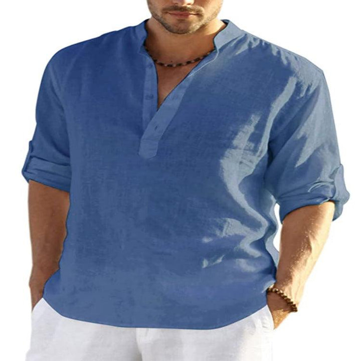 Men's Casual Cotton Linen Solid Color Long Sleeve Shirt Loose Stand Collar - Super Amazing Store