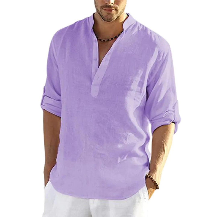 Men's Casual Cotton Linen Solid Color Long Sleeve Shirt Loose Stand Collar - Super Amazing Store