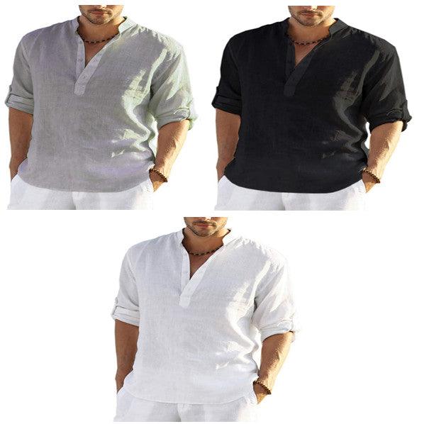 Men's Casual Cotton Linen Solid Color Long Sleeve Shirt Loose Stand Collar - Super Amazing Store