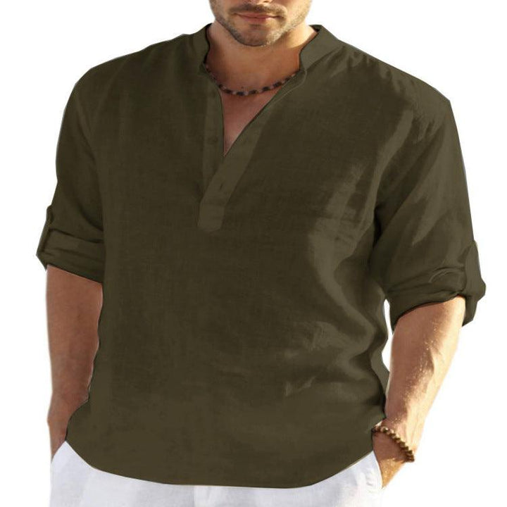 Men's Casual Cotton Linen Solid Color Long Sleeve Shirt Loose Stand Collar - Super Amazing Store