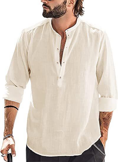 Men's Casual Cozy Stand-up Collar Cotton Linen Long-sleeved Shirt - Super Amazing Store