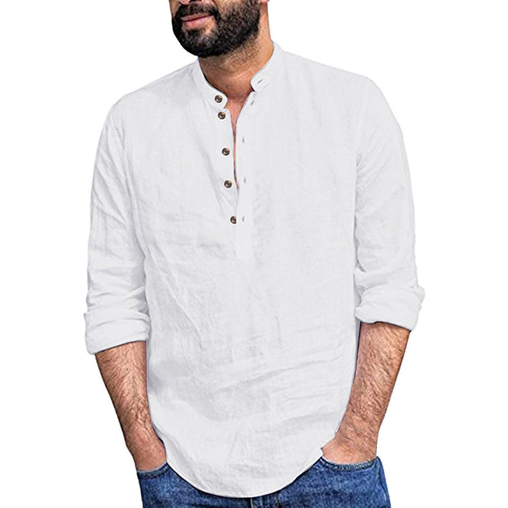 Men's Casual Cozy Stand-up Collar Cotton Linen Long-sleeved Shirt - Super Amazing Store