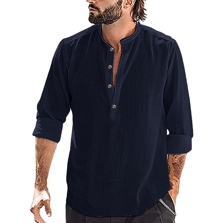 Men's Casual Cozy Stand-up Collar Cotton Linen Long-sleeved Shirt - Super Amazing Store