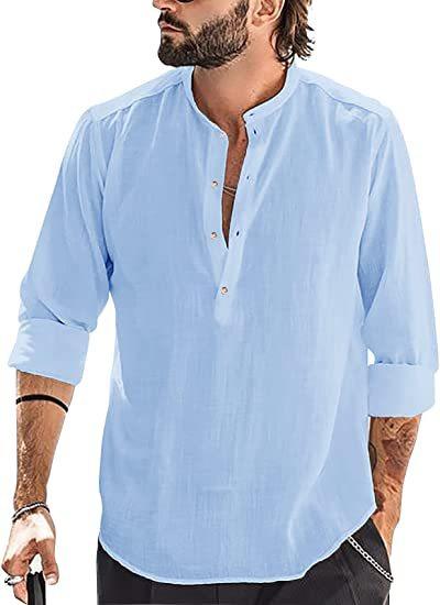 Men's Casual Cozy Stand-up Collar Cotton Linen Long-sleeved Shirt - Super Amazing Store