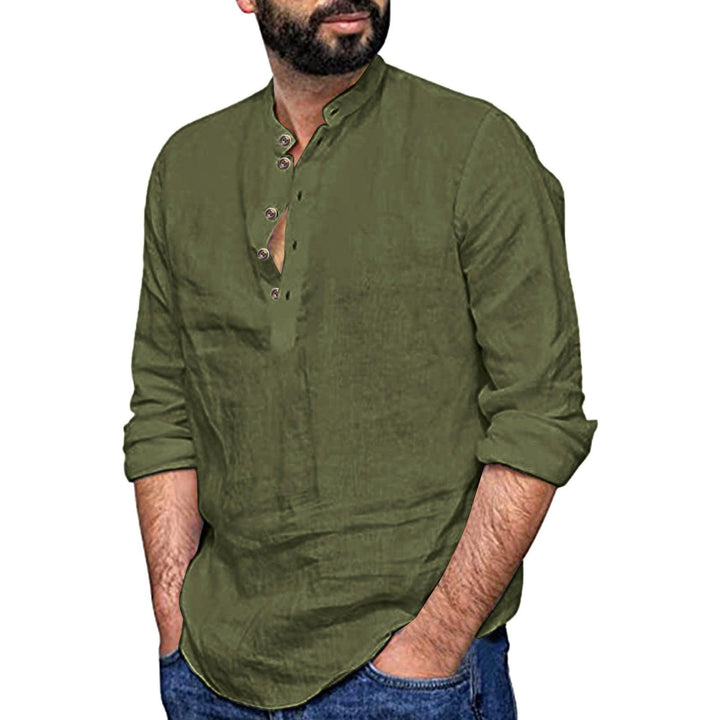 Men's Casual Cozy Stand-up Collar Cotton Linen Long-sleeved Shirt - Super Amazing Store