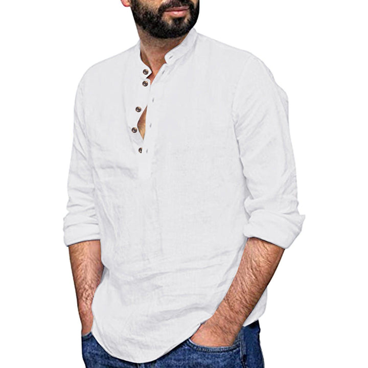 Men's Casual Cozy Stand-up Collar Cotton Linen Long-sleeved Shirt - Super Amazing Store