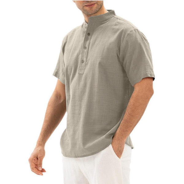 Men's Solid Color Stand Collar Button Loose Casual Short Sleeve Shirt - Super Amazing Store
