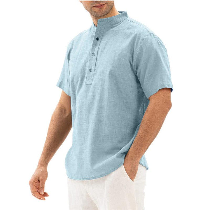 Men's Solid Color Stand Collar Button Loose Casual Short Sleeve Shirt - Super Amazing Store