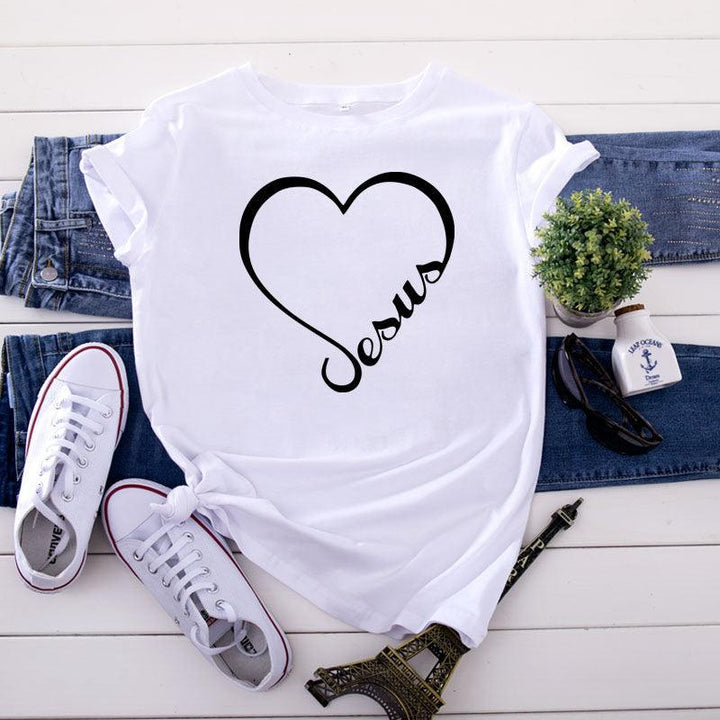 New Heart-shaped Letter Cotton Short-sleeved Women's T-shirt - Super Amazing Store