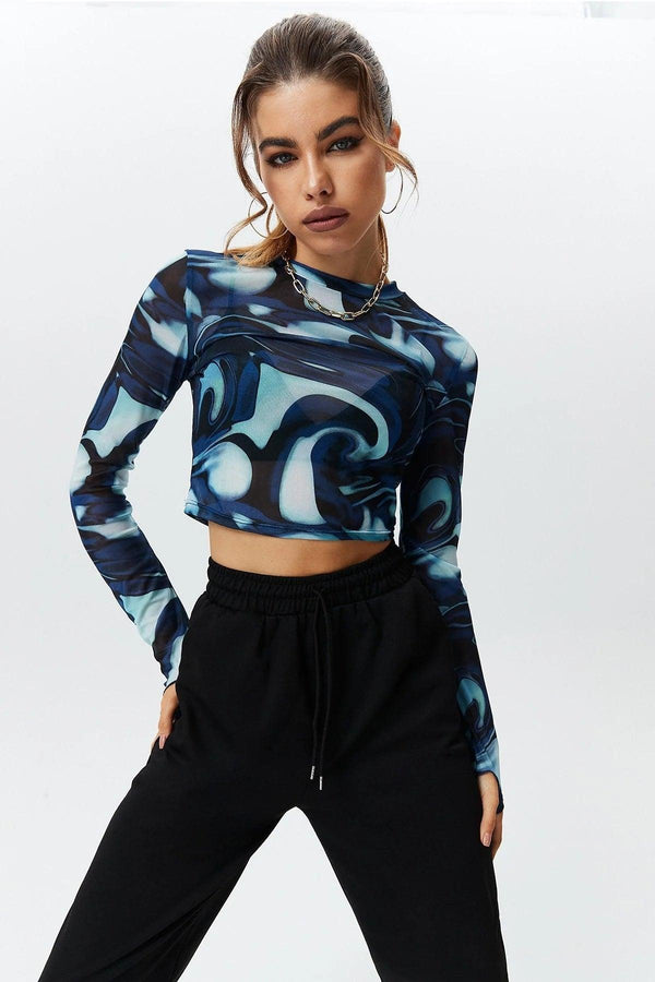 Round Neck Pullover Printed Crop Long Sleeve Top - Super Amazing Store