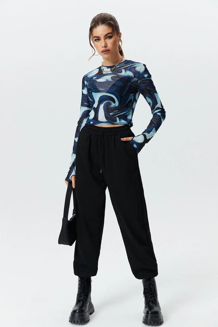 Round Neck Pullover Printed Crop Long Sleeve Top - Super Amazing Store