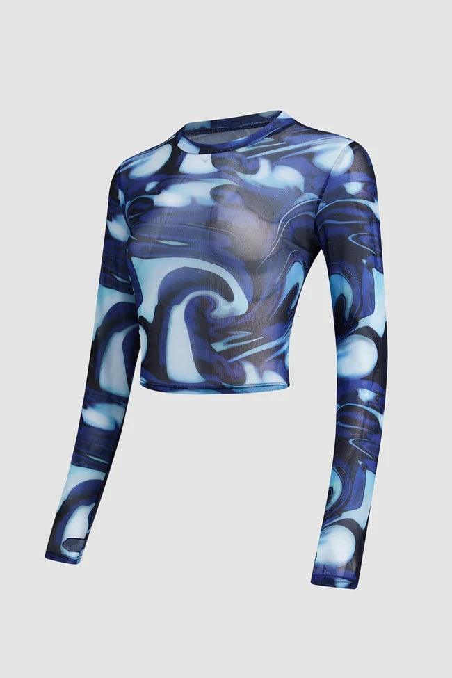 Round Neck Pullover Printed Crop Long Sleeve Top - Super Amazing Store