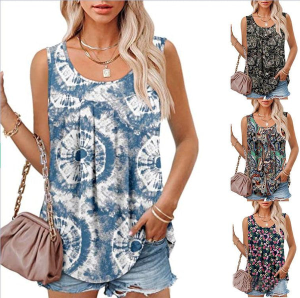 Round Neck Tank Sleeveless Tops Summer Loose Pleated Printed Vest Women - Super Amazing Store