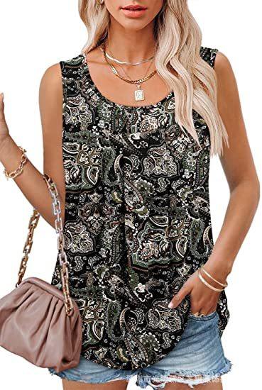 Round Neck Tank Sleeveless Tops Summer Loose Pleated Printed Vest Women - Super Amazing Store