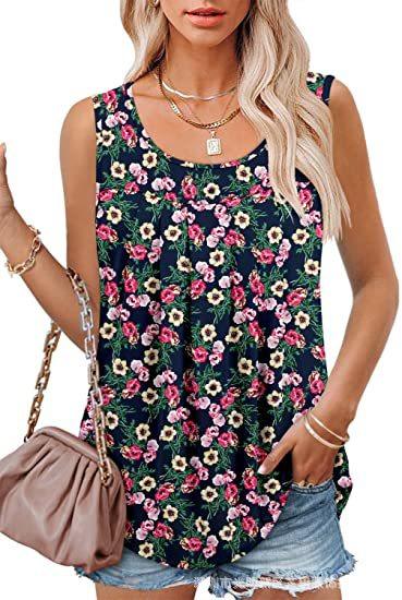 Round Neck Tank Sleeveless Tops Summer Loose Pleated Printed Vest Women - Super Amazing Store