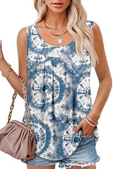 Round Neck Tank Sleeveless Tops Summer Loose Pleated Printed Vest Women - Super Amazing Store