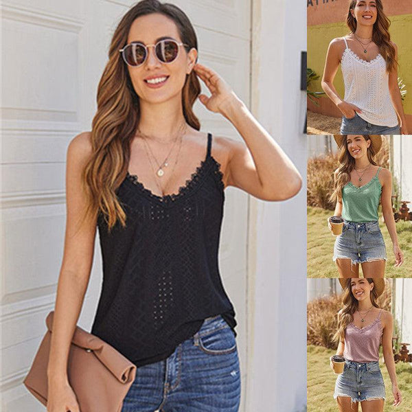 Solid Color Hollow Lace Strappy T-shirt - Super Amazing Store