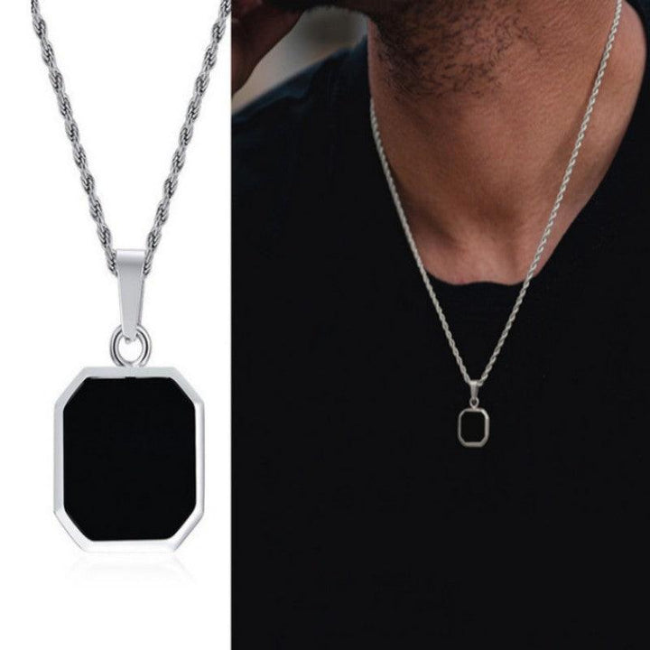 Stainless Steel Square Plate Pendant Black Epoxy Necklace - Super Amazing Store