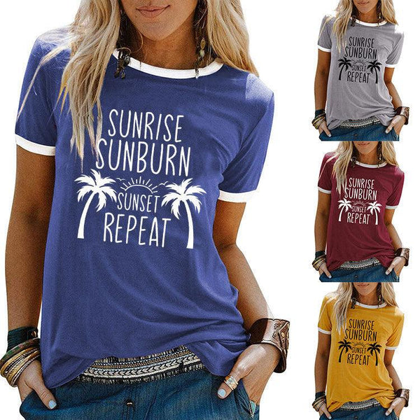 Street Coconut Tree Printed Women's Round Neck Short Sleeves - Super Amazing Store