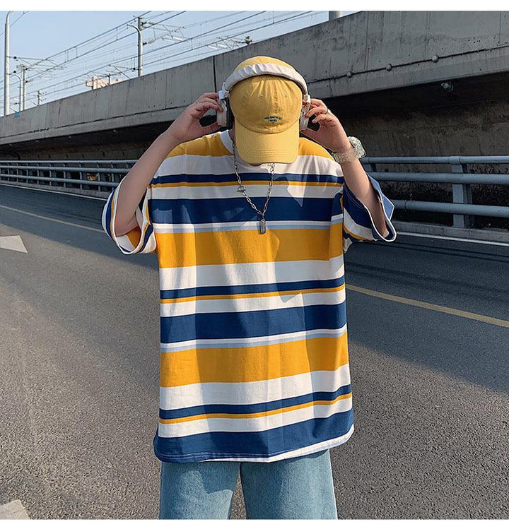 Striped T-shirt Men's Short Sleeve Loose Hong Kong Style Half - Super Amazing Store