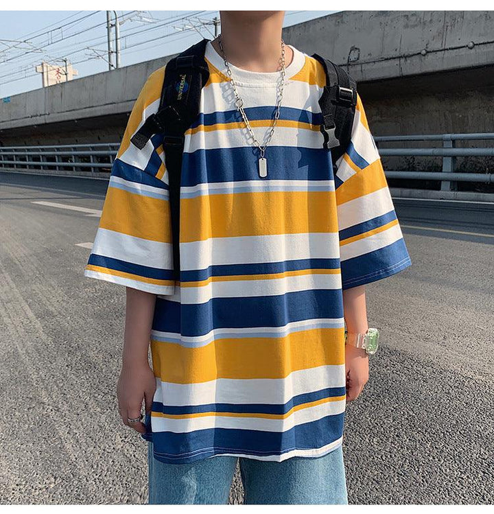 Striped T-shirt Men's Short Sleeve Loose Hong Kong Style Half - Super Amazing Store