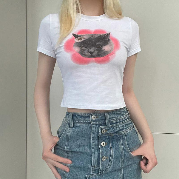 Sweet Cute Cat Print Cartoon Spice Short Sleeve T-shirt 2023 Summer New Basic White Simple Top - Super Amazing Store