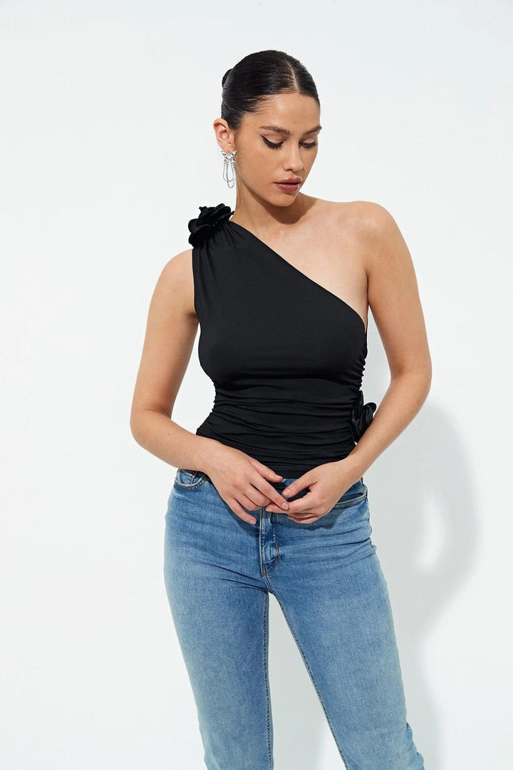 Three-dimensional Rose One-shoulder Pleated Flaperon Vest Top Female - Super Amazing Store